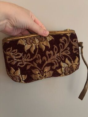 Source Unknown Gold and Deep Red Brocade Wristlet Pouch